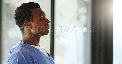 Buy stock photo Profile, nurse and black man with eyes closed, stress and overtime with pressure, tension and tired. African person, medical service and professional in clinic, fatigue and exhausted with burnout