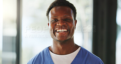 Buy stock photo Portrait, black man and nurse with smile at house with career pride, medical service and support. Happy, male caregiver and about us with healthcare assistance, employee ambition and assisted living