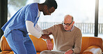 Nurse, home and help old man to get up with support, healthcare and homecare. Caregiver, senior person and medical assistance in living room for aid, community care and rehabilitation in retirement