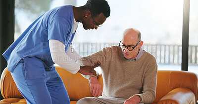 Buy stock photo Nurse, home and help old man to get up with support, healthcare and homecare. Caregiver, senior person and medical assistance in living room for aid, community care and rehabilitation in retirement