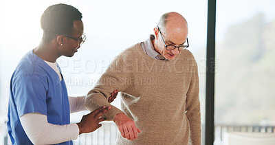 Buy stock photo Nurse, home and help old man to walk with support, healthcare and homecare. Caregiver, senior person and medical assistance in living room for aid, elderly care and rehabilitation in retirement