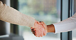 Senior care, people or introduction handshake for partnership, caregiver greeting or thank you for service. Gratitude, nursing home or elderly man shaking hands with nurse, retirement aid or support