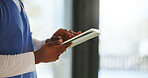 Person, hands and nurse with tablet in clinic for email, research or telehealth report. Technology, man and medical worker with healthcare assessment, review results and wellness info in hospital