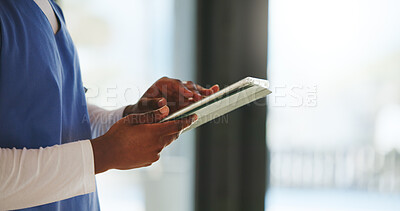 Buy stock photo Person, hands and nurse with tablet in clinic for email, research or telehealth report. Technology, schedule and medical worker with healthcare assessment, review results or wellness info in hospital