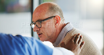 Buy stock photo Hand, comfort and nurse with old man, talking and listening with healthcare, wellness and compassion. People, caregiver and mature patient with medical service, consultation and trust with empathy