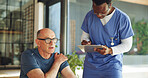 Nurse, clipboard and shoulder pain with mature man in clinic for physiotherapy, healthcare or symptoms. Support, retirement and chiropractor with senior person, exam and report for healing advice