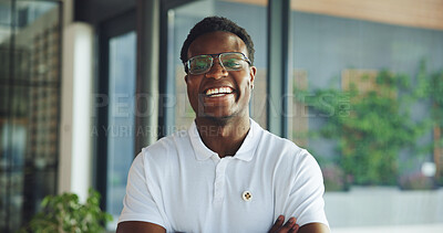 Buy stock photo Arms crossed, portrait and smile of black man physio in clinic for recovery or rehabilitation. Health, medical and wellness with happy African chiropractor at work for advice, consulting or therapy