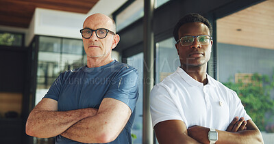 Buy stock photo Arms crossed, physiotherapist and portrait of old man in office for support, chiropractor and rehabilitation. Consulting, physical therapy and recovery with senior patient in clinic for healthcare