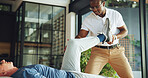 Leg, physiotherapist and stretching with old man in office for support, chiropractor and rehabilitation. Consulting, physical therapy and recovery with senior patient in clinic for healthcare