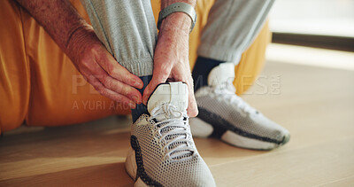 Buy stock photo Hands, person and ankle pain in home for joint, stiffness relief and poor circulation. Senior man, legs and inflammation with muscle fatigue, fracture discomfort and symptoms of fibromyalgia in house