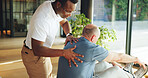 Back pain, help and stretching with old man and physiotherapist for support, chiropractor and rehabilitation. Consulting, physical therapy and recovery with senior patient in clinic for healthcare
