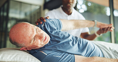 Buy stock photo Senior man, stretching and physiotherapy at house with assistance for mobility training. Physiotherapist, helping and elderly person for physical recovery, medical support and rehabilitation guidance