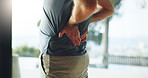 Hands, senior man and back pain in fitness with muscle tension, workout accident and inflammation. Injury, old person or spine fracture in home from herniated disc, joint ache or training mistake