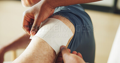 Buy stock photo Hands, physiotherapy and patch on shoulder for injury, recovery and rehabilitation at clinic. Person, chiropractor and service for patient with pain, muscle ache or tape for wellness or inflammation