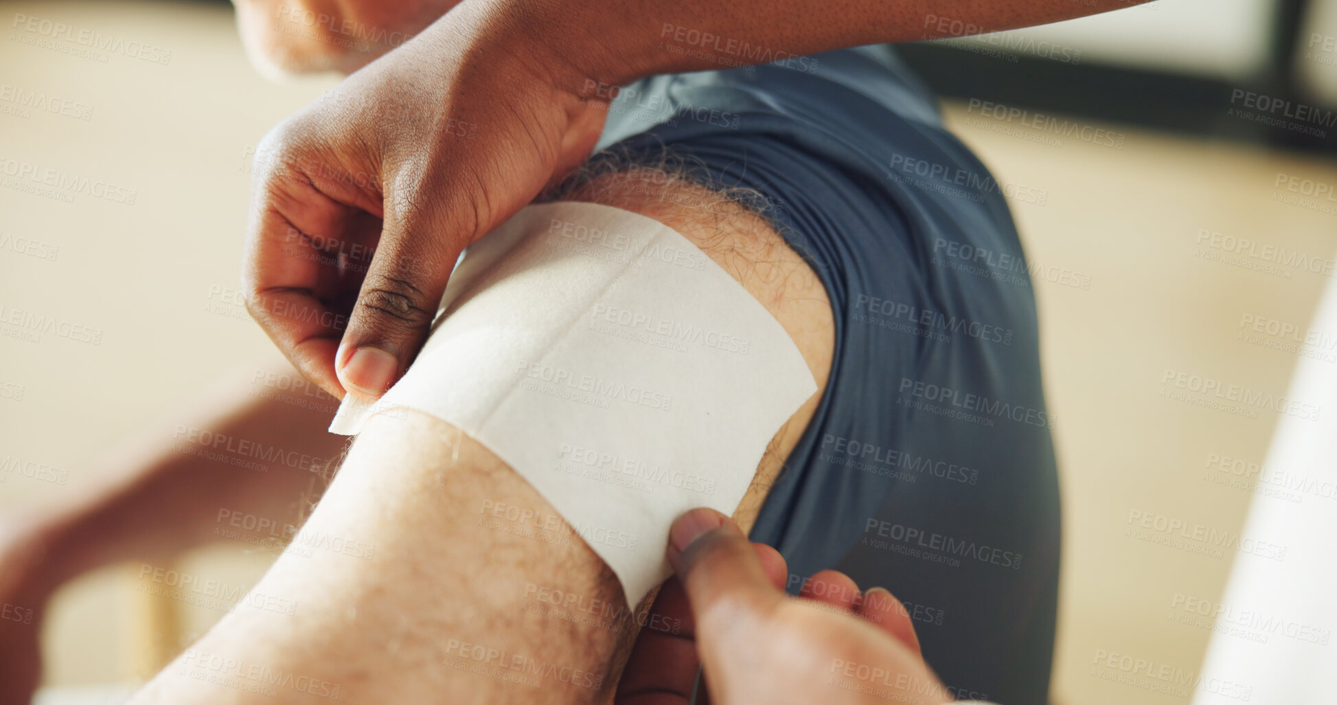 Buy stock photo Hands, physiotherapy and patch on shoulder for injury, recovery and rehabilitation at clinic. Person, chiropractor and service for patient with pain, muscle ache or tape for wellness or inflammation