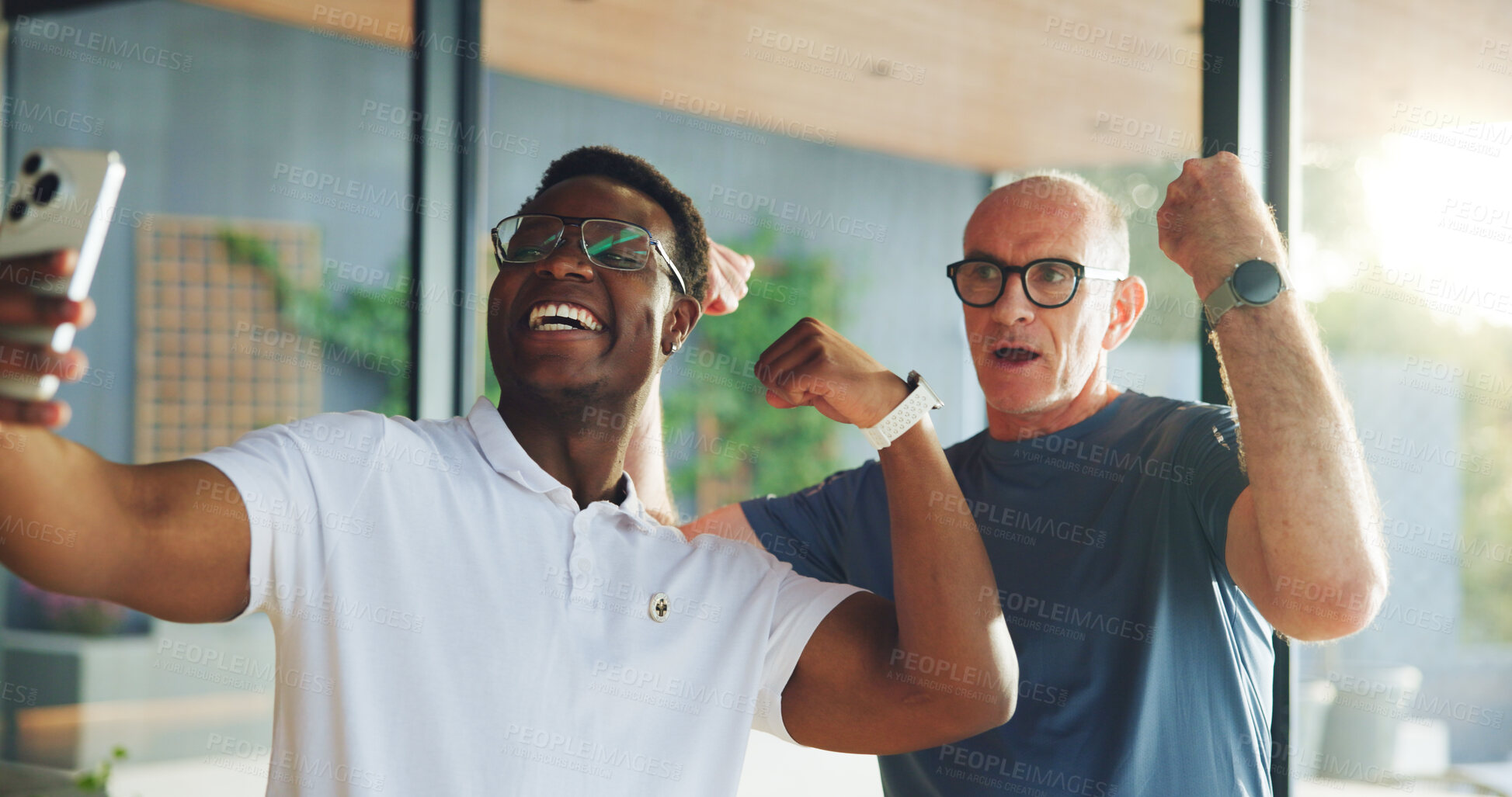 Buy stock photo Fitness, rehabilitation and selfie with people in clinic for health, physiotherapy or wellness. Exercise, flexing or photograph with mature patient and therapist in recovery session for memories