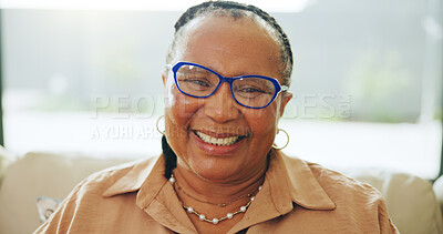 Buy stock photo Portrait, African old woman and smile at house with peace, calm morning and positive attitude. Happy, elderly person and laughing with glasses, comfortable and weekend break for retirement in lounge