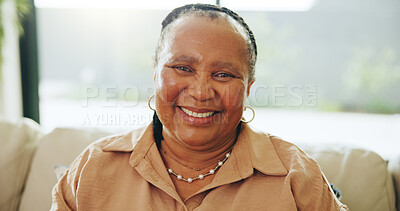 Buy stock photo Portrait, senior woman or smile on couch in home, positive attitude or relax for peaceful retirement. Old African person, happiness or pension break in apartment for calm morning, resting or wellness
