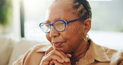 Buy stock photo Home, senior black woman and thinking with glasses, remember past or contemplation on sofa. Thoughts, reflection or serious elderly person with nostalgia, vision or retirement decision in living room
