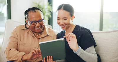 Buy stock photo Tablet, discussion and nurse with senior woman on sofa for research on diagnosis at home checkup. Happy, digital technology and medical caregiver with elderly female patient for treatment plan.