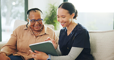 Buy stock photo Tablet, consultation and nurse with senior woman on sofa for research on diagnosis at home checkup. Happy, digital technology and medical caregiver with elderly female patient for treatment plan.