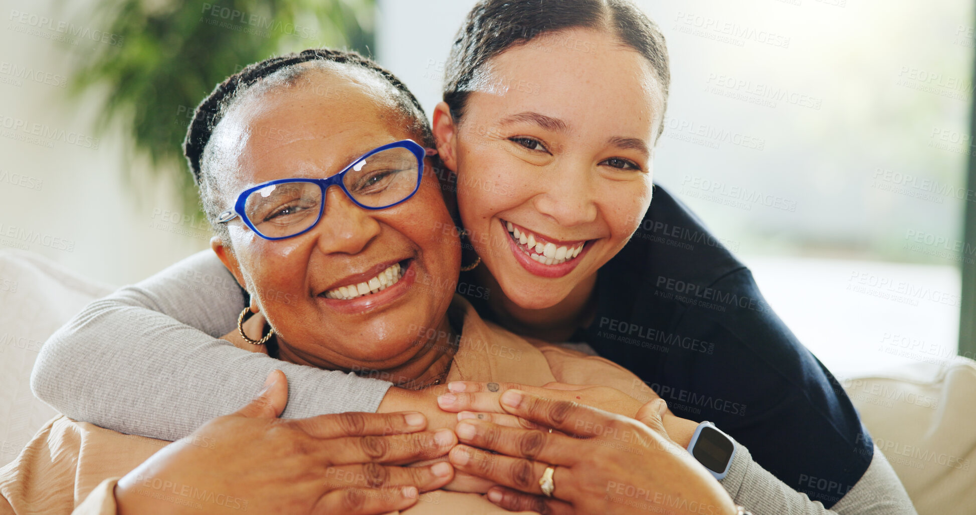 Buy stock photo Portrait, elderly care or caregiver with hug for woman on couch, support or community in nursing home. Retirement, senior person or nurse embrace for comfort, happiness or wellness in assisted living