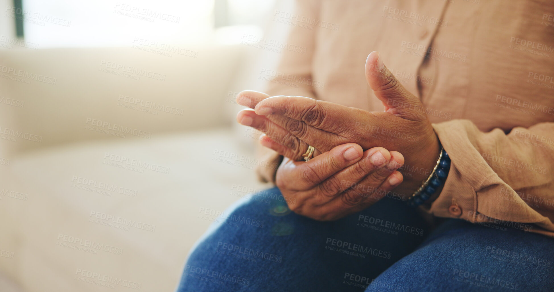 Buy stock photo Home, person and hands with pain, arthritis and massage for injury relief with medical health risk. Fingers, sore joint and woman with fibromyalgia, osteoporosis or inflammation in living room