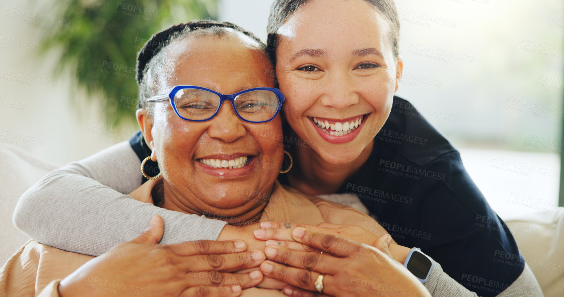 Buy stock photo Portrait, senior care or nurse with hug for woman on couch, support or community in nursing home. Retirement, elderly person or caregiver embrace for comfort, happiness or wellness in assisted living