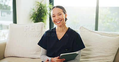 Buy stock photo Portrait, homecare and nurse with tablet on couch, professional or assisted living expert with about us. Happy woman, tech and caregiver in nursing home with pride, medical services or health support