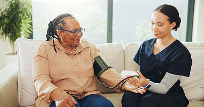 Buy stock photo Blood pressure, old woman or nurse in nursing home to monitor health, hypertension check or test. Retirement, senior care or caregiver with machine for patient results, medical service or assessment