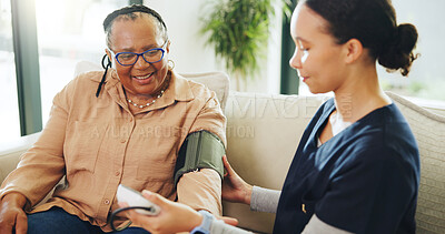 Buy stock photo Blood pressure, old woman or caregiver in nursing home to monitor health, hypertension check or test. Retirement, senior care or nurse with machine for patient results, medical service or assessment