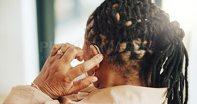 Buy stock photo Back, senior woman and hearing aid at house with ear device, testing sound and auditory assistance. Check, medical equipment and elderly person with disability, deaf and retirement with audio implant