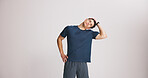 Fitness, neck and stretching with man on studio space for start of training or workout routine. Exercise, limber and warm up with athlete on gray background mockup for challenge or sports performance