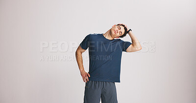 Buy stock photo Fitness, neck and stretching with man on studio space for start of training or workout routine. Exercise, limber and warm up with athlete on white background mockup for challenge or preparation