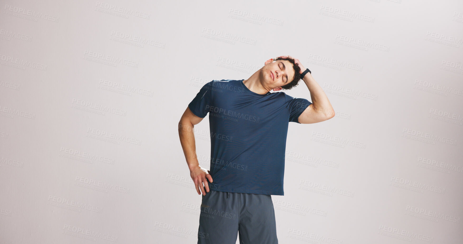 Buy stock photo Fitness, neck and stretching with man on studio space for start of training or workout routine. Exercise, limber and warm up with athlete on white background mockup for challenge or preparation
