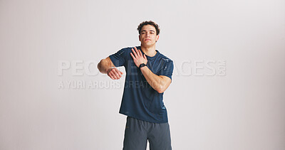 Buy stock photo Fitness, portrait and stretching with man on studio space for start of training or workout routine. Exercise, shoulder and warm up with athlete on white background mockup for challenge or preparation
