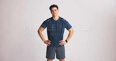 Buy stock photo Portrait, athlete and man with confidence in studio for fitness, exercise pride and healthy body. Mockup space, bodybuilder and membership for training, sportswear and happiness on white background