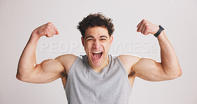 Buy stock photo Excited, man and flex muscle for fitness, workout progress and portrait in studio. Strength, person or bodybuilder show bicep for growth, strong or confident with exercise results on white background