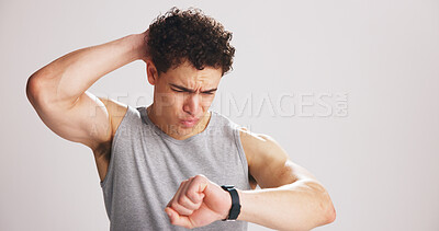 Buy stock photo Fitness, tracking and watch with confused man on studio space for training or workout fail. Exercise, negative result and time with athlete on white background mockup for performance feedback