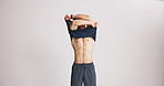 Fitness, remove tshirt and wellness with man on studio space for training or workout. Diet, health and motivation with body of athlete person on white background mockup to take off clothes or undress