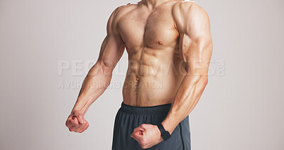 Buy stock photo Fitness, flex and man in studio with muscle, shirtless or strength check in workout results. Exercise, topless or bodybuilder on white background with squeeze, bicep or outcome in body transformation