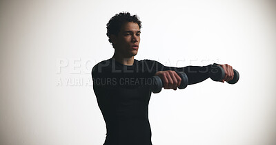 Buy stock photo Dumbbells, fitness and strength with man on studio space for bodybuilding or training routine. Exercise, weightlifting and workout with athlete on white background mockup for challenge or performance