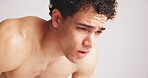 Breathing, fitness and tired with shirtless man on studio space for training or workout recovery. Exercise, fatigue and sweating with exhausted athlete on white background mockup for sports challenge