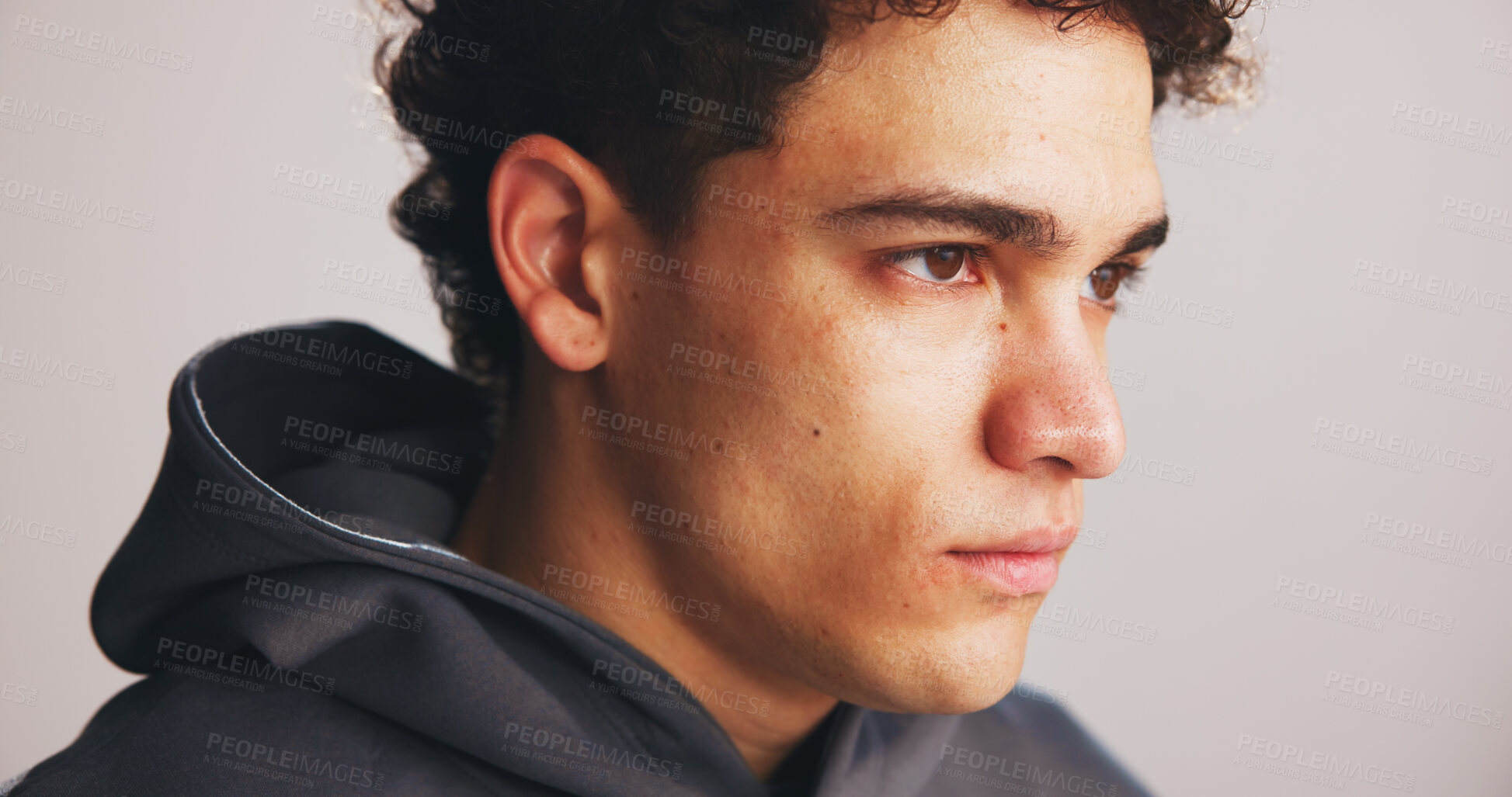 Buy stock photo Determination, fitness and thinking with man in studio for concentration, training or workout. Exercise, serious and vision with athlete person on white background for challenge or commitment