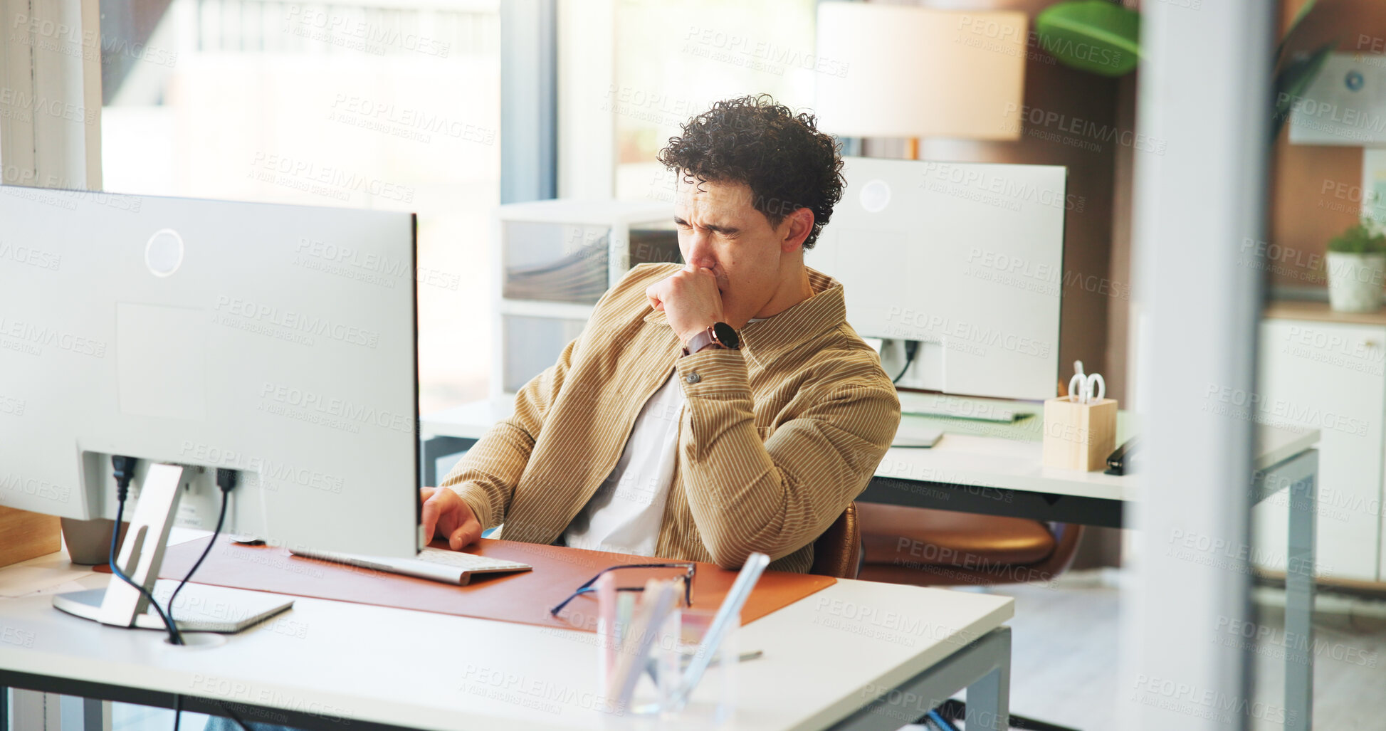 Buy stock photo Business, tired and man in office, yawn and computer with deadline for column. Person, exhausted and journalist with pc, overworked and sleepy with fatigue, online review and low energy with burnout