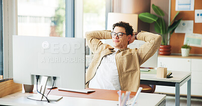 Buy stock photo Business, stretching and man in office, computer and relax with break, completed task and copywriting. Person, calm and journalist in workplace, pc and research with finished project or satisfaction