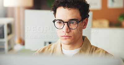 Buy stock photo Computer, reading or man in office for asset management, market research or monitor performance. Tech reflection, review or portfolio manager with investor strategy for return increase, audit or plan