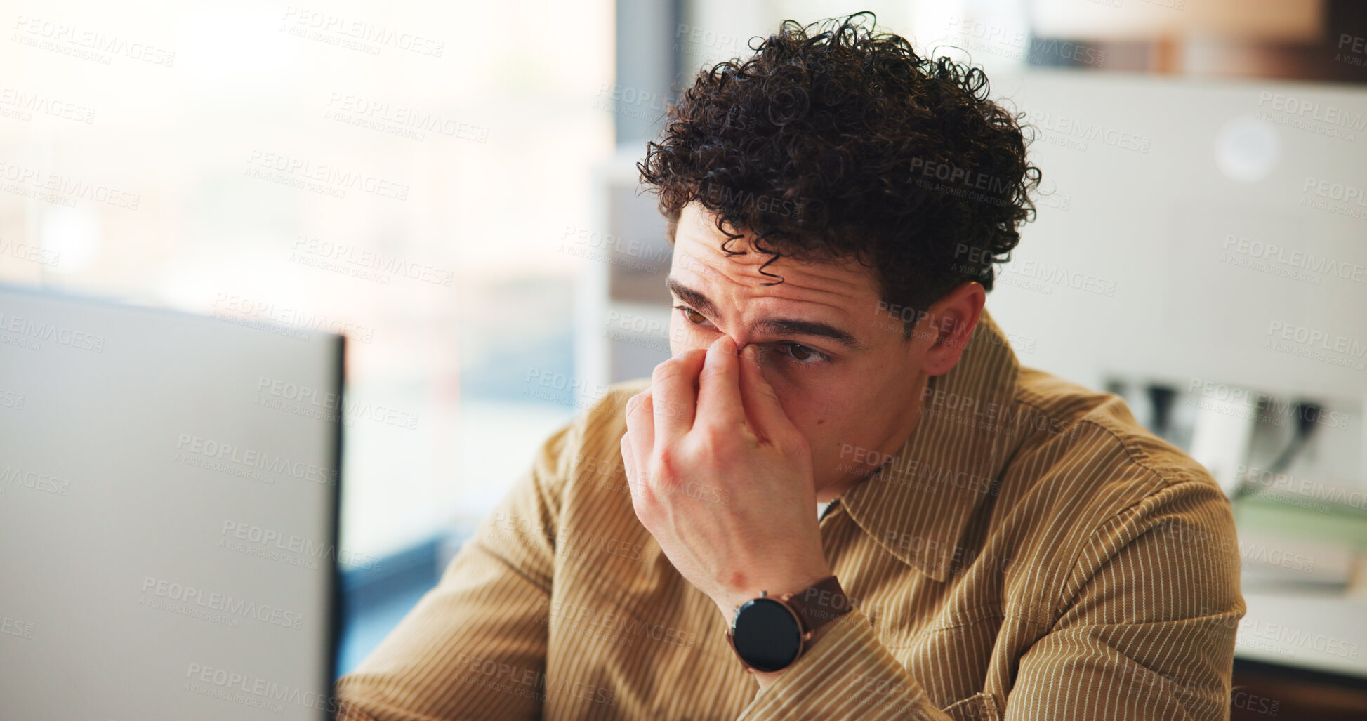 Buy stock photo Man, headache or burnout in office with computer for digital marketing crisis, campaign fail or mistake. Migraine, person or technology with fatigue, advertising compliance issue and reputation risk.