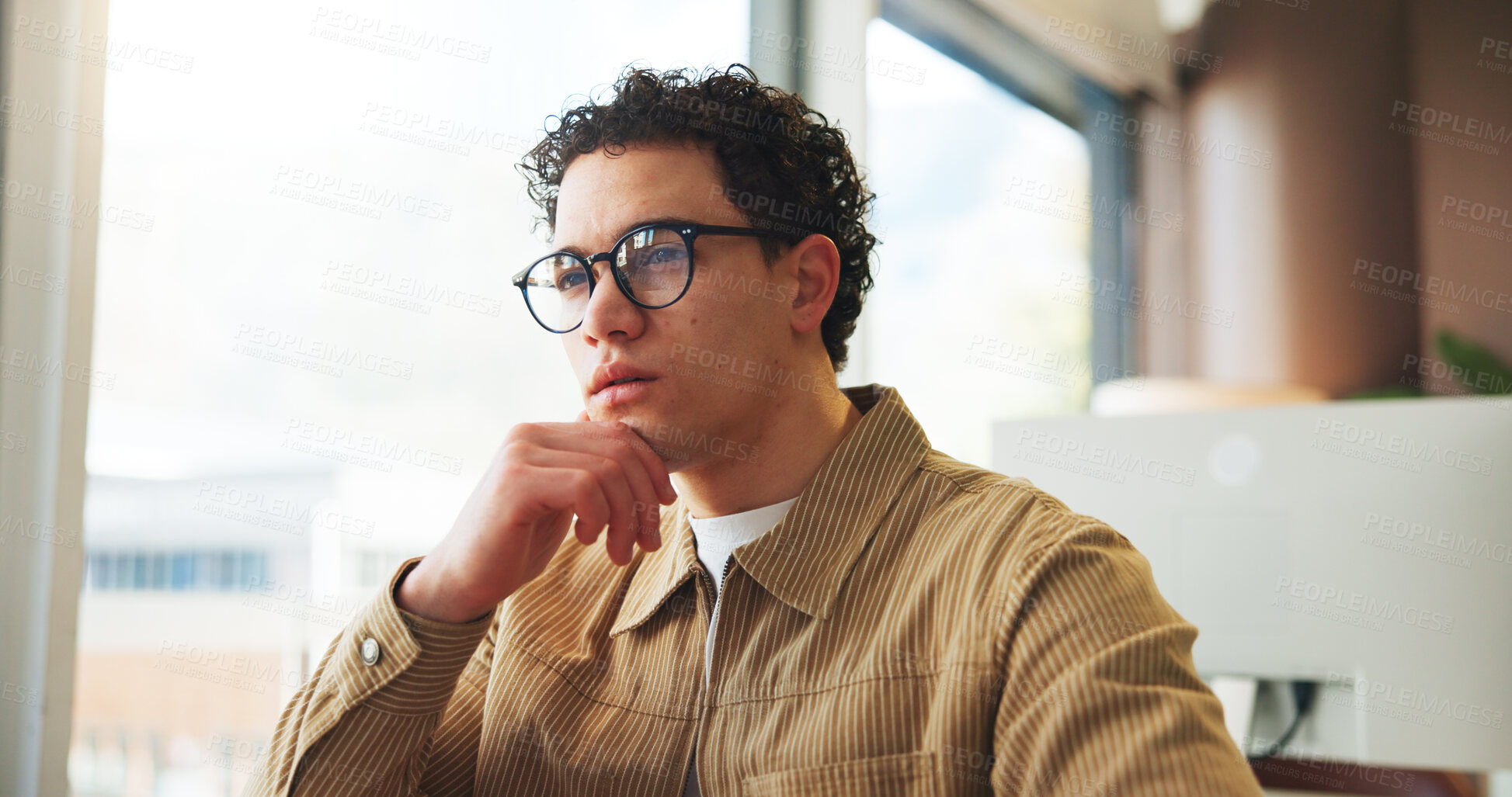 Buy stock photo Office, thinking and journalist in digital agency for planning, article ideas or change story perspective. Reflection, new writing angle or man with creative process, draft insight or clear narrative