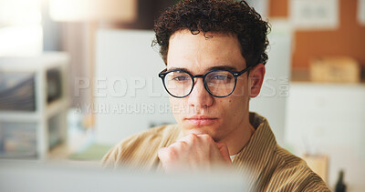 Buy stock photo Computer, thinking or man in office for asset management, market research or monitor performance. Tech reflection, review or portfolio manager with investment idea for return increase, audit or plan